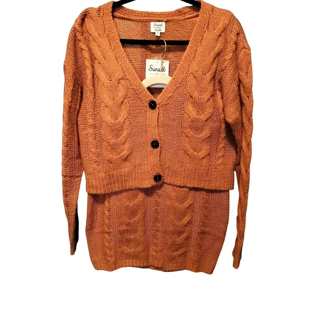 Sunset and‎ Sixth Orange Cable Knit Sweater Skirt Set Size Medium